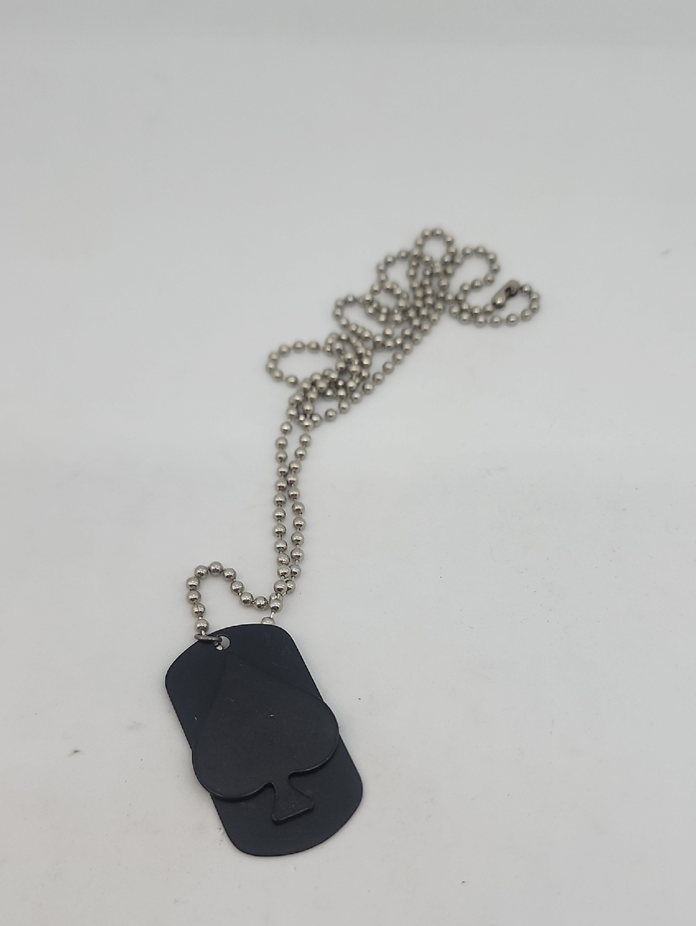 FLAT BLACK SPADE DOG TAG WITH CHAIN SHOWN